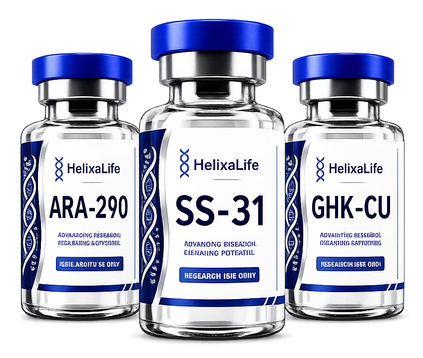 Three glass supplement vials with blue caps arranged in a row on a white background. The center vial is labeled 'SS-31' and the side vials are labeled 'ARA-290' and 'GHK-CU'.